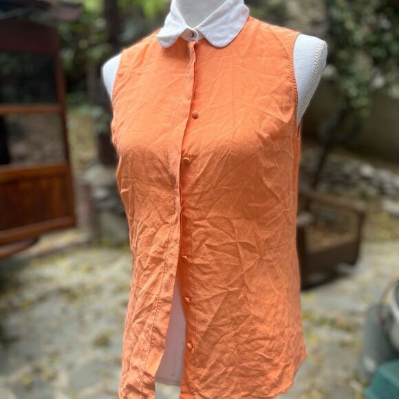 MASSIMO DUTTI SILK BUTTON DOWN SLEEVELESS SHIRT TANGERINE ORANGE WHITE COLLAR M - Picture 10 of 11
